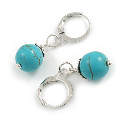 10mm Delicate Round Turquoise Bead Drop Earrings Silver Tone - 35mm Long