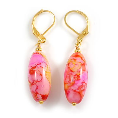 Pink/ Yellow Oval Glass Bead Drop Earrings In Gold Tone - 45mm L