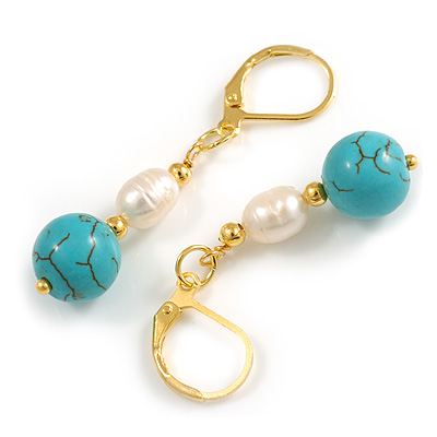 Delicate Freshwater Pearl Turquoise Bead Drop Earrings In Gold Tone - 45mm L
