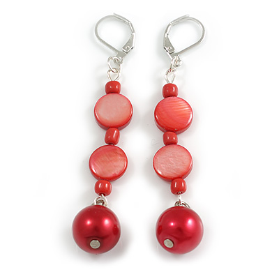 Red Shell Glass Bead Drop Earrings in Silver Tone - 70mm L
