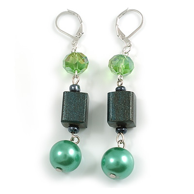 Glass Wooden Bead Drop Earrings/ Green Shades in Silver Tone - 70mm L