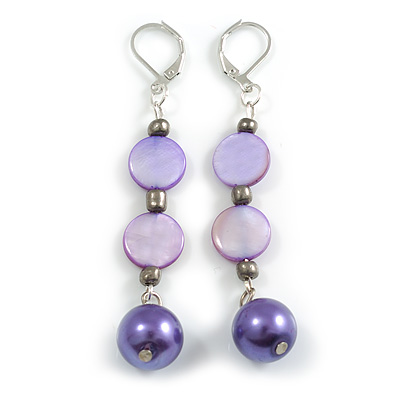 Purple Shell Glass Bead Drop Earrings in Silver Tone - 70mm L