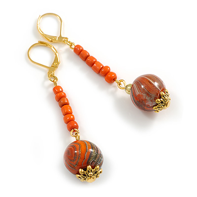 Orange Glass/Wood Beaded Drop Earrings in Gold Tone - 60mm L