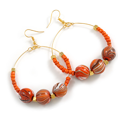 50mm Orange Glass/ Wood Bead Large Hoop Earrings in Gold Tone - 75mm L