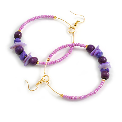 55mm Pink/Purple Glass, Wooden Bead Large Hoop Earrings In Gold Tone - 75mm L