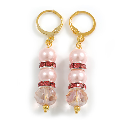 Light Pink Glass Bead with Pink Crystal Rings Drop Earrings in Gold Tone - 50mm Long