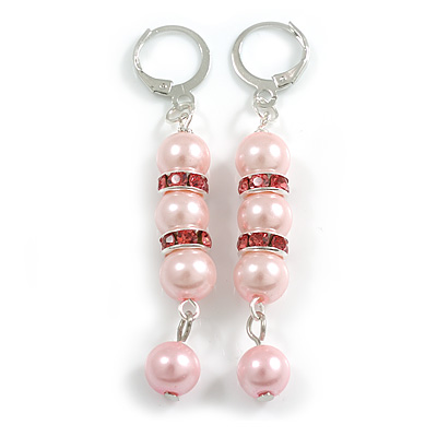 Elegant Light Pink Glass Bead with Crystal Rings Drop Earrings in Silver Tone - 60mm L