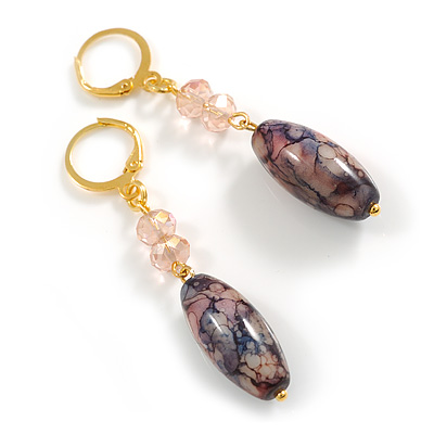 Marble Pink/Blue Glass Bead Drop Earrings in Gold Tone - 60mm L
