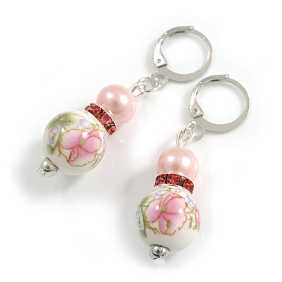 Pink/White Floral Glass Bead with Pink Crystal Spacer Drop Earrings in Silver Tone - 45mmL