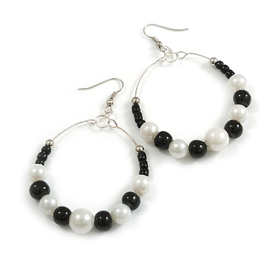 White Faux and Black Glass Bead Hoop Earrings in Silver Tone - 70mm Long