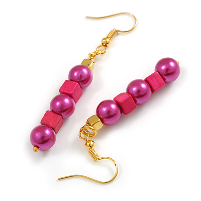 Deep Pink/ Magenta Glass and Wood Bead Drop Earrings in Gold Tone - 60mm L
