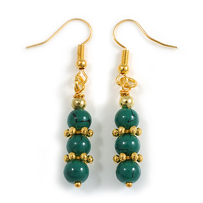 Delicate Green Ceramic Bead Drop Earrings in Gold Tone - 45mm L