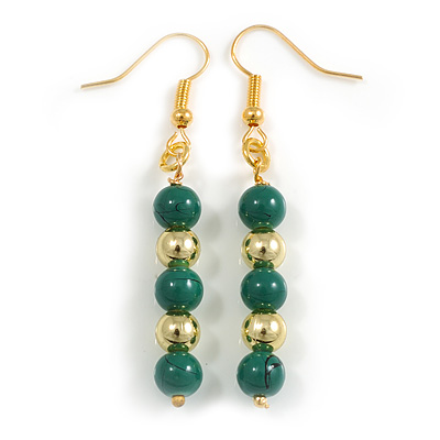Green Ceramic and Gold Metal Bead Drop Earrings In Gold Tone - 50mm L