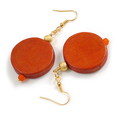 Orange Wood Coin Drop Earrings in Gold Tone - 60mm Long