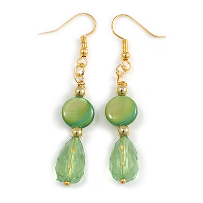 Green Shell/ Acrylic Bead Drop Earrings in Gold Tone - 55mm L
