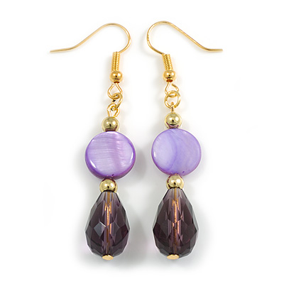 Purple Shell/ Glass Bead Drop Earrings in Gold Tone - 55mm L
