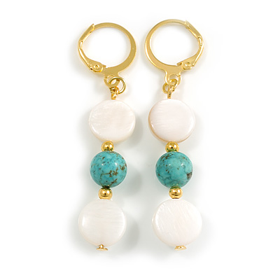 Delicate White Shell and Turquoise Bead Drop Earrings In Gold Tone - 50mm L