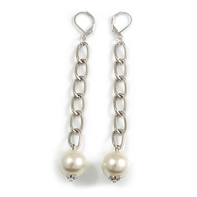 Statement Long Chain with Faux Pearl Bead Linear Earrings in Silver Tone - 90mm L