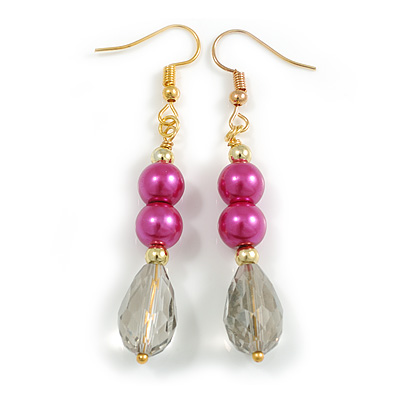 Deep Pink/Light Grey Glass Bead Drop Earrings In Gold Tone - 60mm L