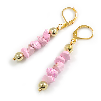 Light Pink Stone Nugget Linear Drop Earrings in Gold Tone - 60mm L