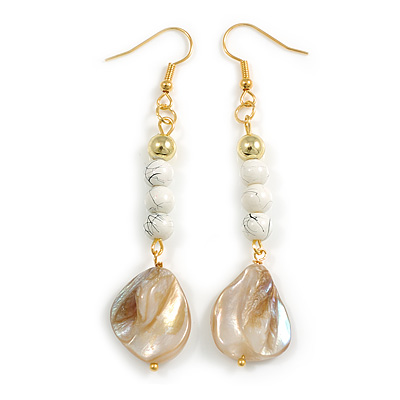 Long White Ceramic/ Shell Bead Linear Earrings in Gold Tone - 70mm L