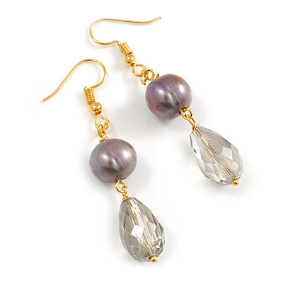 Grey Freshwater Pearl and Glass Bead Drop Earrings in Gold Tone - 55mm L