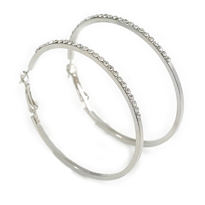55mm Large Crystal Hoop Earrings in Silver Tone