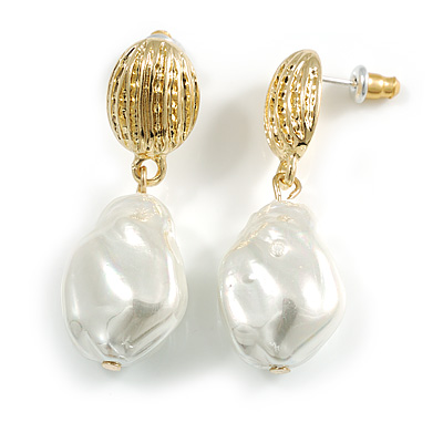 Statement White Lustrous Pearl Drop Earrings in Gold Tone - 35mm Long