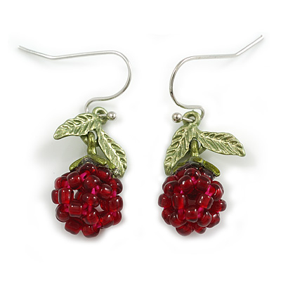 Purple Red Glass Bead Berry with Green Enamel Leaves Drop Earrings - 35mm L