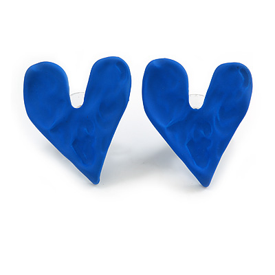 Blue Hammered/Beaten Heart Stud Earrings with Rubber Coating - 25mm Tall