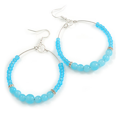 Light Blue Glass Bead with Crystal Rings Hoop Earrings in Gold Tone - 70mm Long