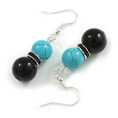 Black Ceramic/ Turquoise Bead with Black Crystal Ring Drop Earrings in Silver Tone - 45mm L