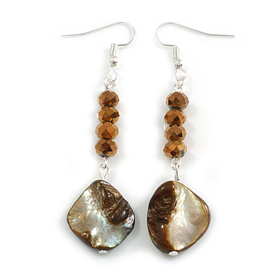 Long Bronze Glass/ Brown Shell Bead Linear Earrings in Silver Tone - 70mm L