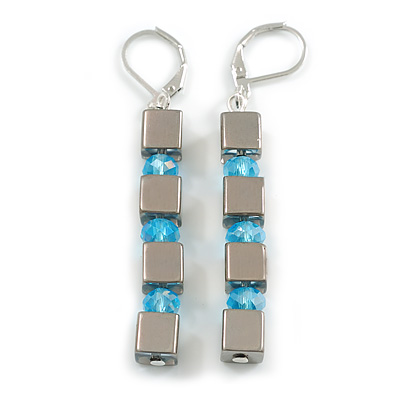 Square Hematite/Light Blue Glass Beaded Linear Drop Earrings - 60mm L