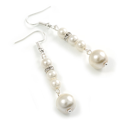 White Faux Pearl Beaded with Crystal Spacer Long Earrings in Silver Tone - 55mm L
