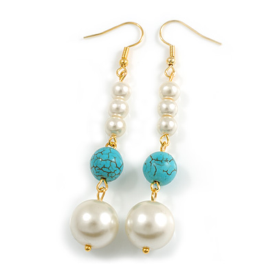 Cream Faux Pearl and Turquoise Bead Long Drop Earrings in Gold Tone - 75mm L