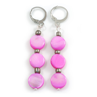 Pink Shell and Grey Glass Bead Drop Earrings in Silver Tone - 60mm L