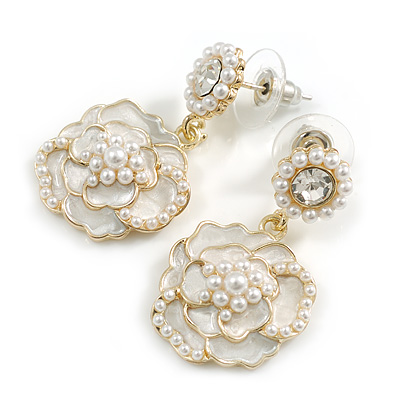 Romantic White Enamel Faux Pearl Layered Rose Drop Earrings in Gold Tone - 30mm L