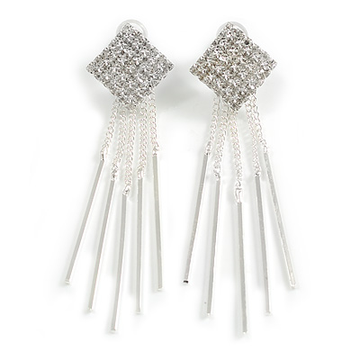 Party Crystal Square with Chain Dangles Long Earrings in Silver Tone - 65mm Drop