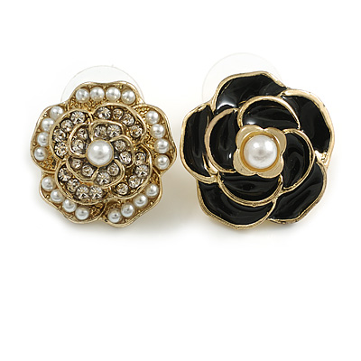 Clear Crystal/ White Faux Pearl/ Black Enamel Asymmetrical Rose Floral Stud Earrings In Gold Tone - 20mm D