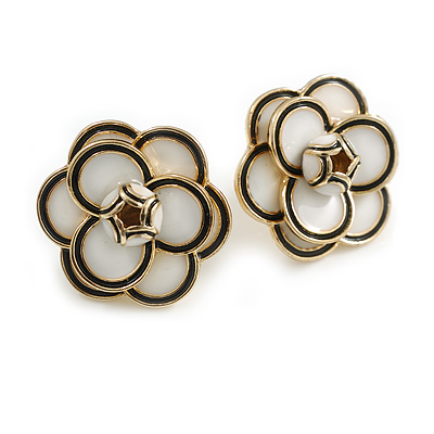 20mm D/ White/Black Enamel Layered Rose Flower Stud Earrings in Gold Tone