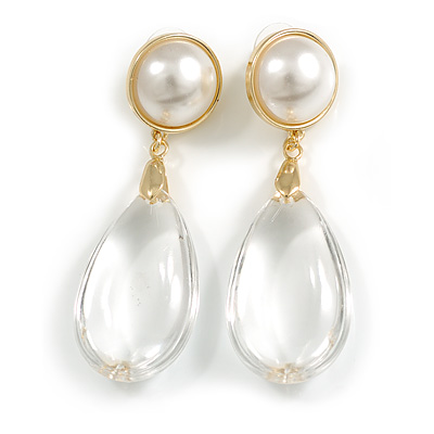 Statement White Faux Pearl Transparent Acrylic Teardrop Long Earrings in Gold Tone - 65mm L