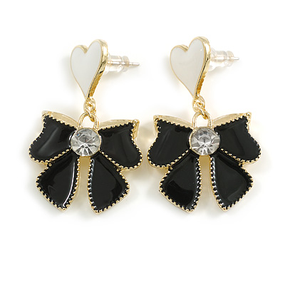 White Heart Black Enamel Bow Drop Earrings in Gold Tone - 35mm Drop - main view