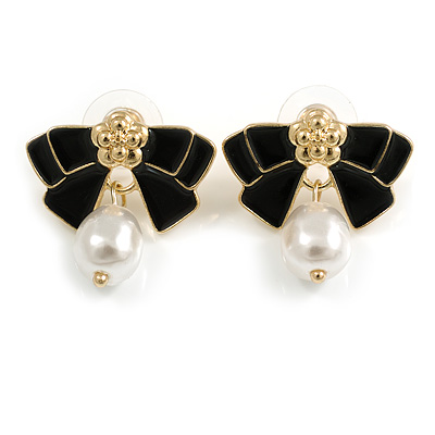 Black Enamel Bow White Faux Pearl Stud Earrings in Gold Tone - 20mm Across - main view