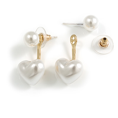 White Faux Pearl Heart Front Back Stud Earrings/Gold Tone/25mm Long