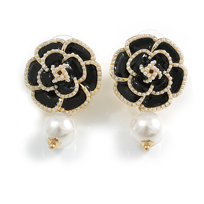 Black Enamel White Faux Pearl Layered Rose Flower Stud Earrings in Gold Tone - 35mm Tall