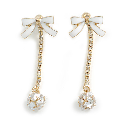 White Enamel Bow with Crystal Chain and CZ Ball Front Back Drop Earrings/Gold Tone/45mm Long