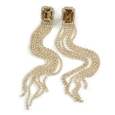 Statement Party Style Crystal Chain Extra Long Earrings in Gold Tone/ 14cm Drop