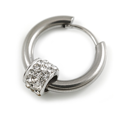 1Pcs Single Round Crystal Ring Charm Hoop Huggie Earring for Men/Women/Unisex In Silver Tone/ 18mm D