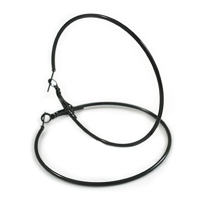 60mm D/ Slim Black Enamel Hoop Earrings/ Large Size
